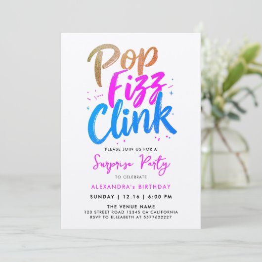 Cooler Pop Fizz Clink Pink Blue Calligraphy Script Einladung (Stehend Vorderseite)