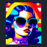 Cooler Pop Kunst und Streifen Vintag Sonnenbrille  Poster<br><div class="desc">Lassen Sie sich mit diesem atemberaubenden Pop Kunstwerk zurück in die Tage des Friedens, der Liebe und der Blume Power transportieren. Ein faszinierendes psychedelisches Mädchen, das eine trendige Sonnenbrille verbindet, strahlt vor dem Hintergrund der ikonischen US Flagge. Mit seinen kühnen Farbtönen, dem Retro-Groovy-Ambiente und dem modernen Pop-Kunstdesign ist dieses Werk...</div>