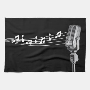 Cooler Retro-Mikrofon & Musikalische Noten Schwarz Handtuch
