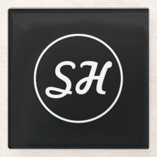 Cooler Retro-Moderner Stil Monogramm   Schwarz & W Glasuntersetzer
