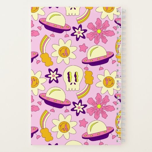 Cooler Retro-Schädel, Blume und UFO Notizblock (Rückseite)