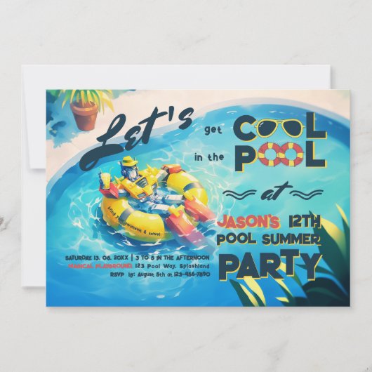 Cooler Roboter im Pool-Party Einladung (Vorderseite)