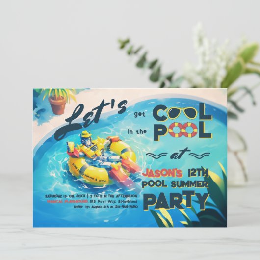 Cooler Roboter im Pool-Party Einladung (Stehend Vorderseite)
