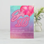 Cooler rosa Ballon holografischer Neon süß 16 Einladung (Stehend Vorderseite)