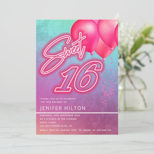 Cooler rosa Ballon holografischer Neon süß 16 Einladung (Stehend Vorderseite)