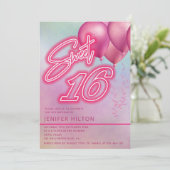 Cooler rosa Ballon holografischer Neon süß 16 Einladung (Stehend Vorderseite)