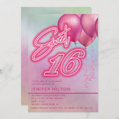 Cooler rosa Ballon holografischer Neon süß 16 Einladung (Vorne/Hinten)