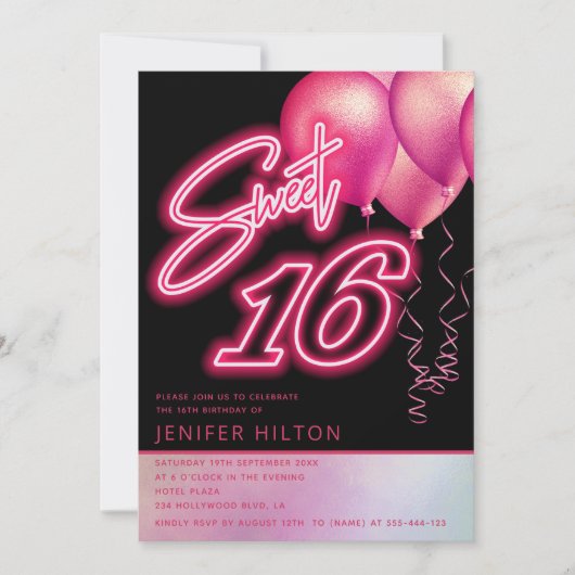 Cooler rosa Ballon holografischer Neon süß 16 Einladung (Vorderseite)