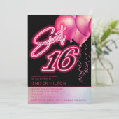 Cooler rosa Ballon holografischer Neon süß 16 Einladung (Stehend Vorderseite)