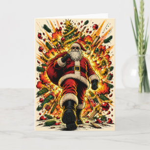 Cooler Santa, der vor einer Explosion weggeht, lus Feiertagskarte