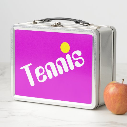 Cooler, schwach gelber TENNIS-Text auf hellrosa Metall Brotdose (Beispiel)