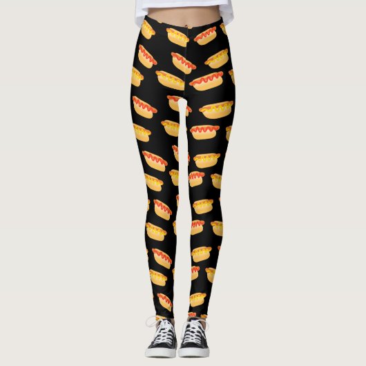 Cooler schwarzer Funny Pattern Hot Dog Leggings (Vorderseite)