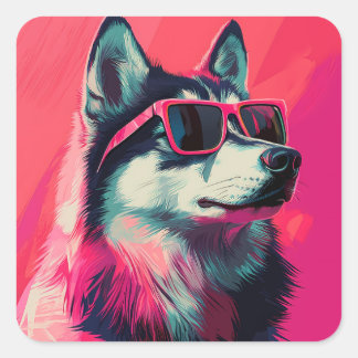 Cooler Siberian Husky-Hund mit Sonnenbrille Quadratischer Aufkleber