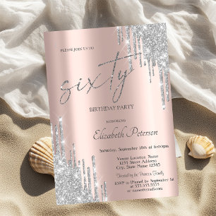 Cooler Silber Glitter-Tropfen Rose Gold 60. Geburt Einladung