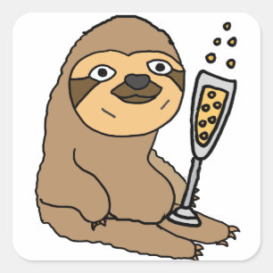 Cooler Sloth Drink Champagner Cartoon Quadratischer Aufkleber