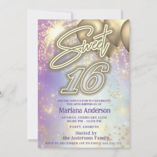 Cooler Spaß lila Goldballon Feuerwerk Einladung