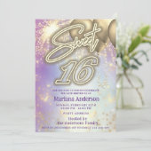 Cooler Spaß lila Goldballon Feuerwerk Einladung (Stehend Vorderseite)