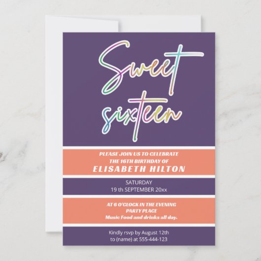 Cooler Spaß Neon Typografie Streifen süß 16 Einladung (Vorderseite)