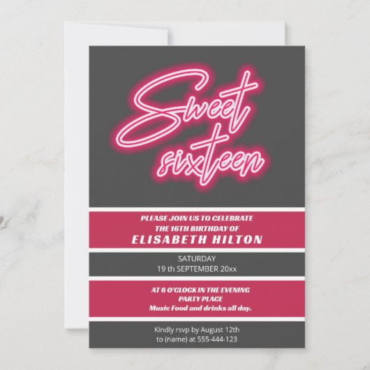 Cooler Spaß Neon Typografie Streifen süß 16 Einladung (Vorderseite)
