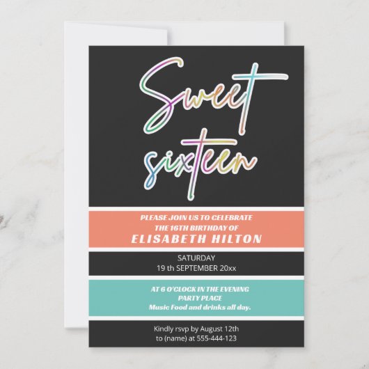 Cooler Spaß Neon Typografie Streifen süß 16 Einladung (Vorderseite)