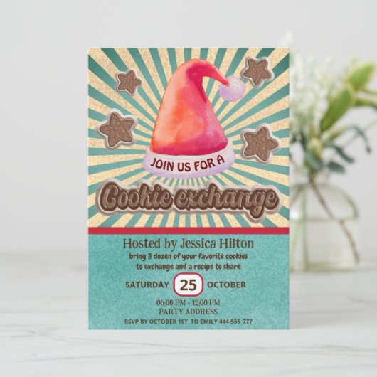 Cooler Spaß Retro Weihnachtsmannmütze Cookie Austa Einladung (Stehend Vorderseite)