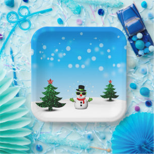Cooler Spaß Snowman Funkelnd Weihnachtsbaumen blau Pappteller