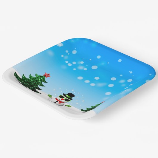 Cooler Spaß Snowman Funkelnd Weihnachtsbaumen blau Pappteller (Gewinkelt)