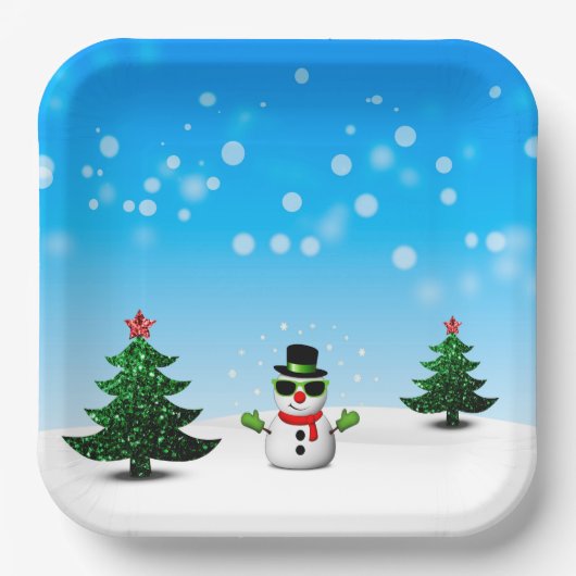 Cooler Spaß Snowman Funkelnd Weihnachtsbaumen blau Pappteller (Vorderseite)