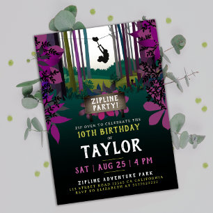 Cooler Spaß Zipline Lila Wald Geburtstagsabenteuer Einladung