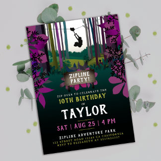Cooler Spaß Zipline Lila Wald Geburtstagsabenteuer Einladung