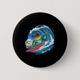 Cooler Surfing Frosch mit Sonnenbrille und Wellen  Button