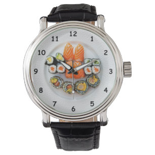 Cooler Sushi und Lachs auf einer weißen Platte Armbanduhr