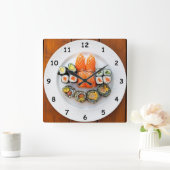 Cooler Sushi und Lachs auf einer weißen Platte Quadratische Wanduhr (Zuhause)