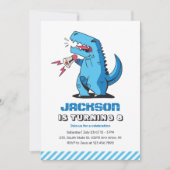 Cooler T-Rex Cartoon Blue Dinosaurier Kindergeburt Einladung (Vorderseite)