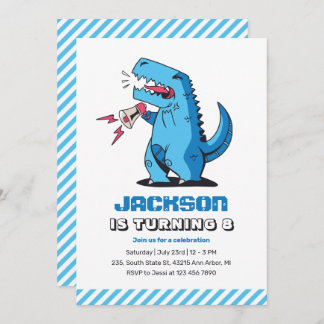 Cooler T-Rex Cartoon Blue Dinosaurier Kindergeburt Einladung