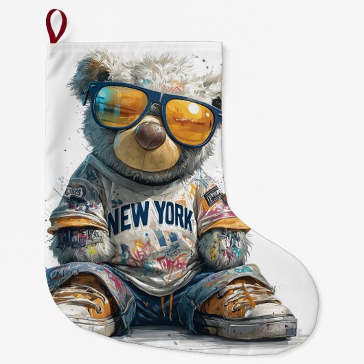 Cooler Teddy Bär in Sonnenbrille und ein New Yorke Großer Weihnachtsstrumpf (Vorderseite)