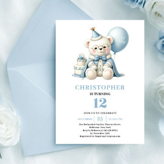 Cooler Teddybär Prinz dusty blue Jungen Geburtstag Einladung