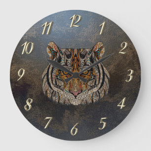 Cooler Tiger Kopf Leder Optik Große Wanduhr
