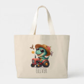 Cooler Trex Dinosaurier Bauer mit rotem Traktor Jumbo Stoffbeutel (Rückseite)