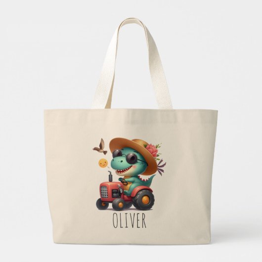 Cooler Trex Dinosaurier Bauer mit rotem Traktor Jumbo Stoffbeutel (Rückseite)