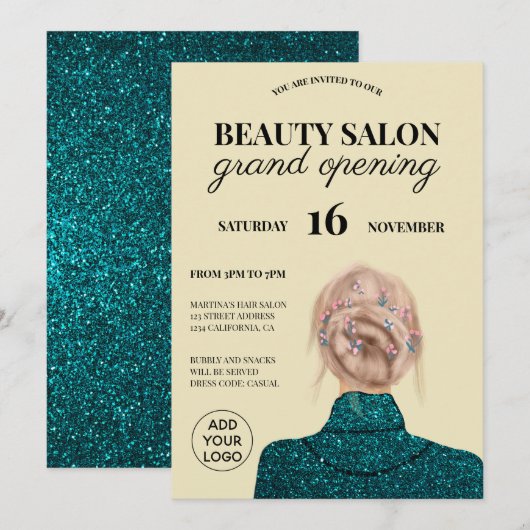 Cooler türkisfarbener Glitzer Schönheitssalon mit  Einladung (Vorne/Hinten)