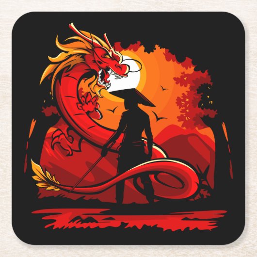 Cooler und farbenfroher Samurai-Krieger mit Dragon Rechteckiger Pappuntersetzer (Vorderseite)