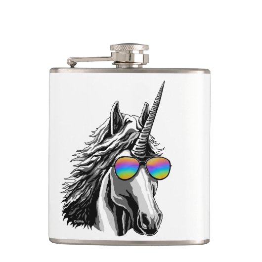 Cooler Unicorn mit Regenbogensonnenbrillen Flachmann (Vorderseite)