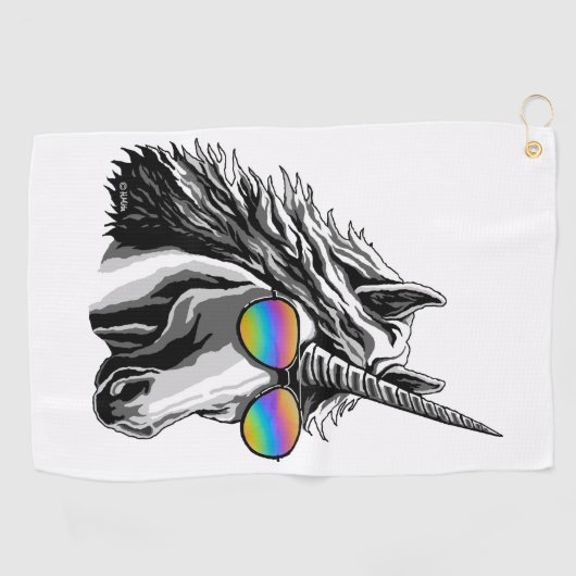 Cooler Unicorn mit Regenbogensonnenbrillen Golfhandtuch (Horizontal)
