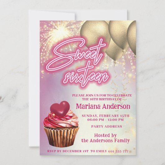 Cooler vergoldeter Luftballon funkelndes Feuerwerk Einladung (Vorderseite)