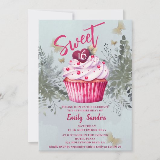 Cooler Vintager Wasserfarben-Cupcake Einladung (Vorderseite)