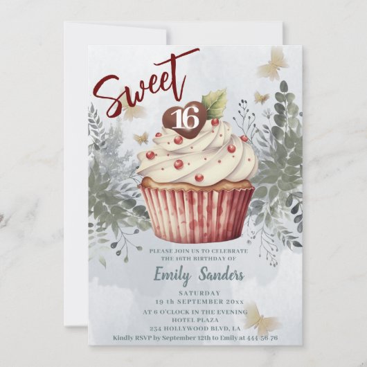 Cooler Vintager Wasserfarben-Cupcake Einladung (Vorderseite)