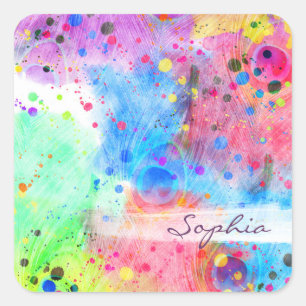 Cooler Watercolorspfau versieht abstraktes Muster Quadratischer Aufkleber