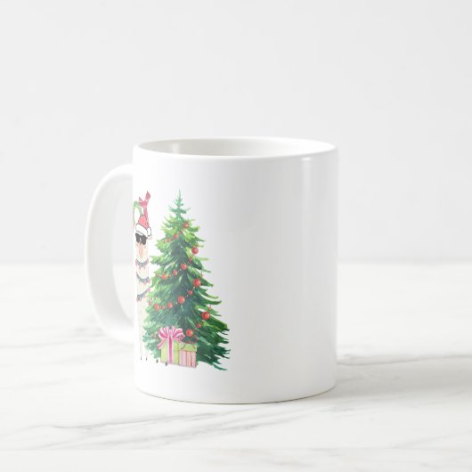 Cooler Weihnachtslama mit Sonnenbrille und Weihnac Kaffeetasse (Vorderseite Links)