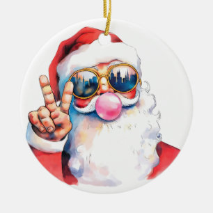 Cooler Weihnachtsmann mit Sonnenbrille & Glühwein Keramik Ornament